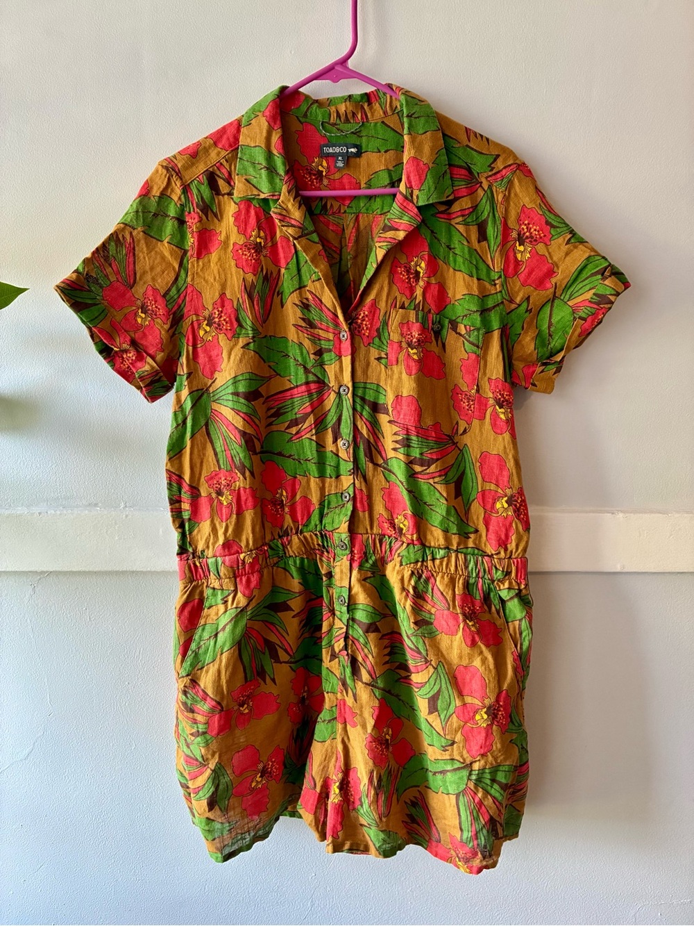 Toad&Co Tropical Floral Romper- Mustard, Green & Coral